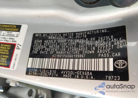 2016 Toyota Camry Hybrid Xle from USA, damaged, VIN 4T1BD1FK0GU199867